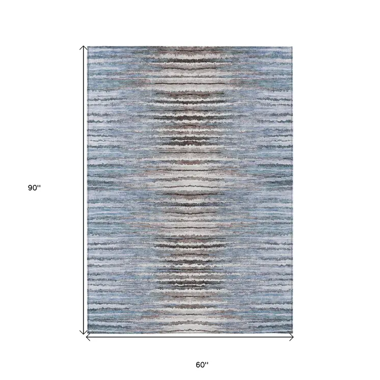 5' X 8' Sky Blue And Denim Blue Striped Washable Indoor Outdoor Area Rug