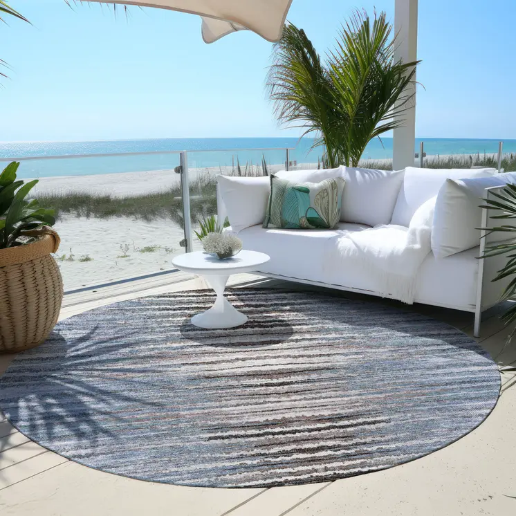 8' Sky Blue And Denim Blue Round Striped Washable Indoor Outdoor Area Rug