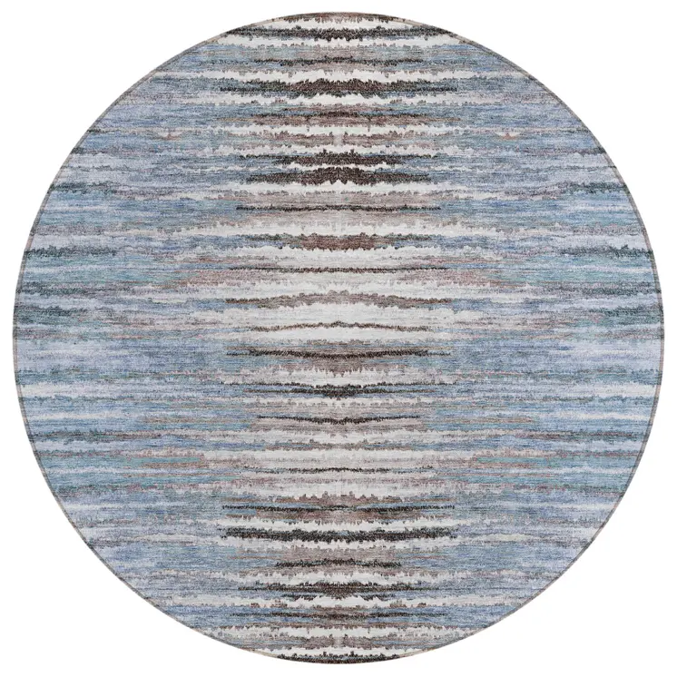 8' Sky Blue And Denim Blue Round Striped Washable Indoor Outdoor Area Rug