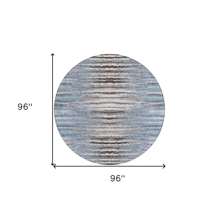 8' Sky Blue And Denim Blue Round Striped Washable Indoor Outdoor Area Rug