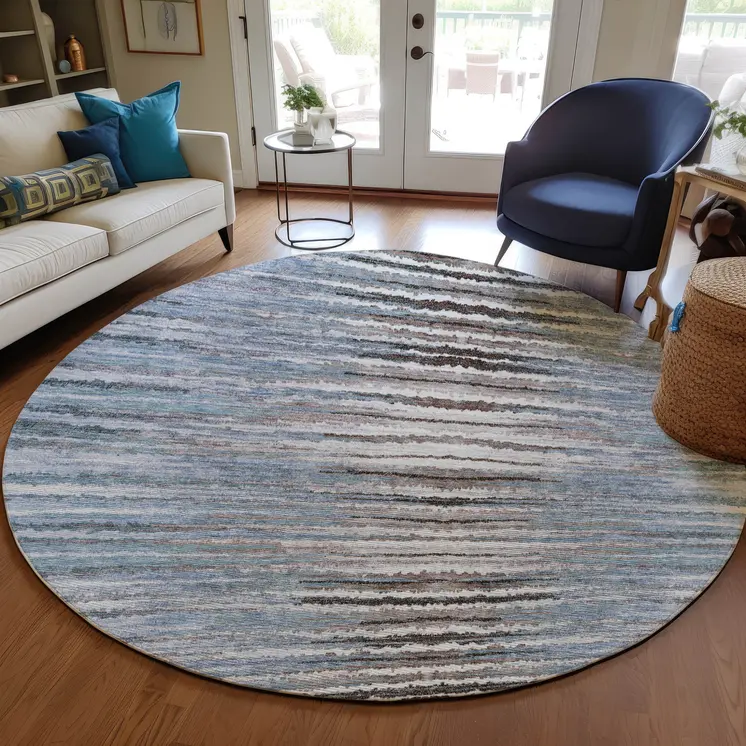 8' Sky Blue And Denim Blue Round Striped Washable Indoor Outdoor Area Rug