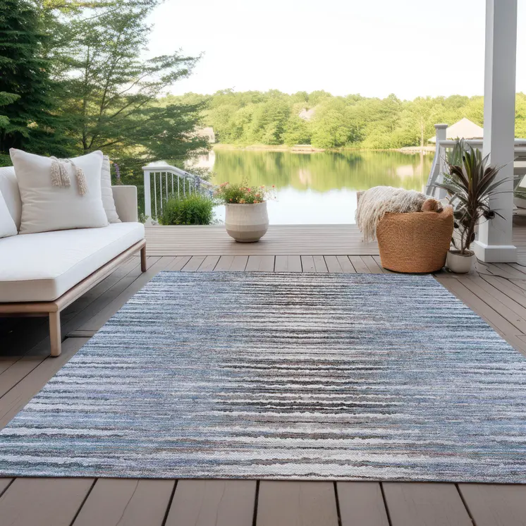10' X 14' Sky Blue And Denim Blue Striped Washable Indoor Outdoor Area Rug