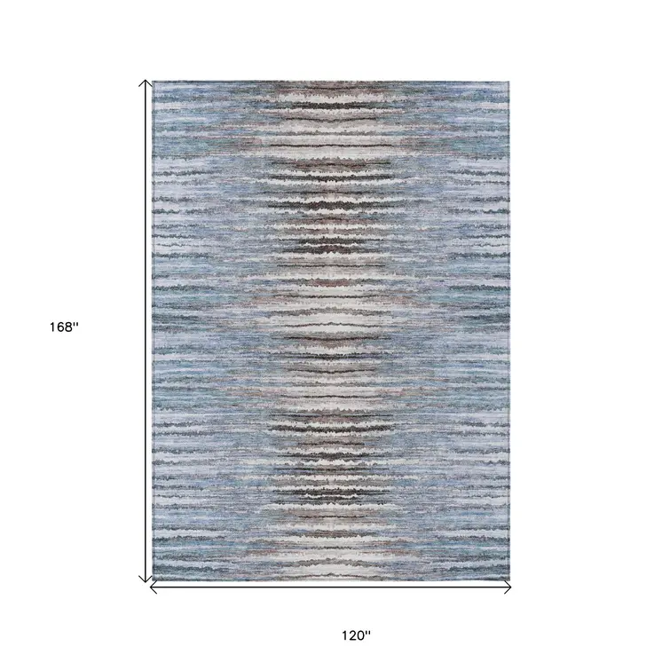 10' X 14' Sky Blue And Denim Blue Striped Washable Indoor Outdoor Area Rug
