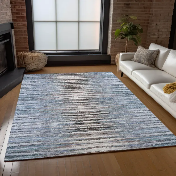 10' X 14' Sky Blue And Denim Blue Striped Washable Indoor Outdoor Area Rug