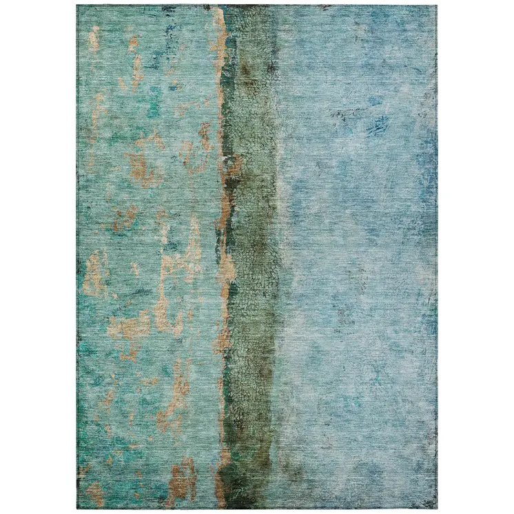 3' X 5' Blue And Gold Abstract Washable Indoor Outdoor Area Rug