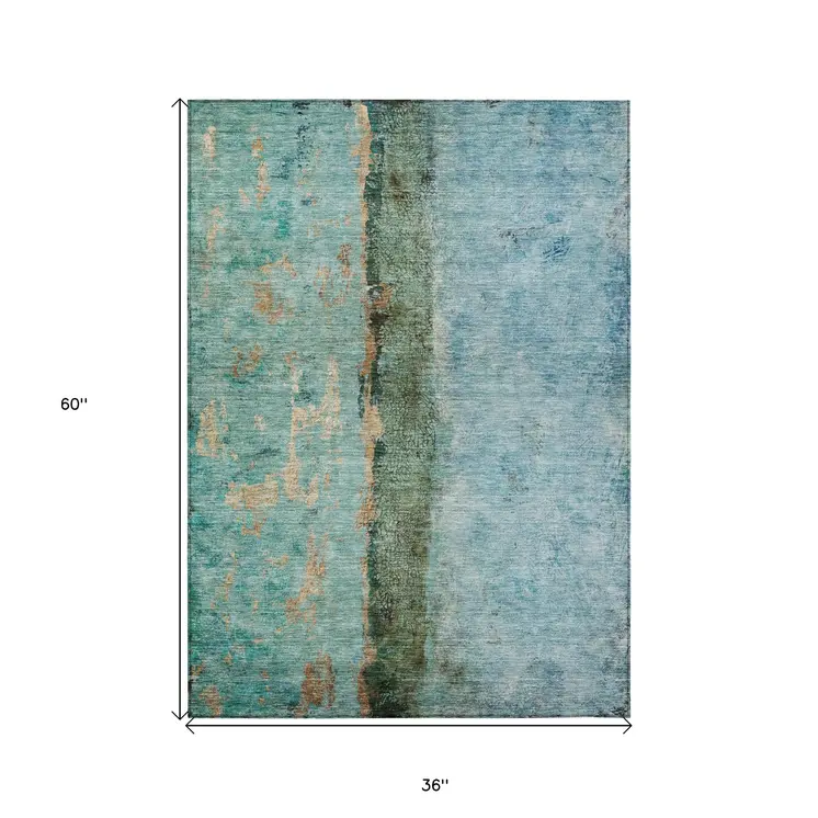3' X 5' Blue And Gold Abstract Washable Indoor Outdoor Area Rug