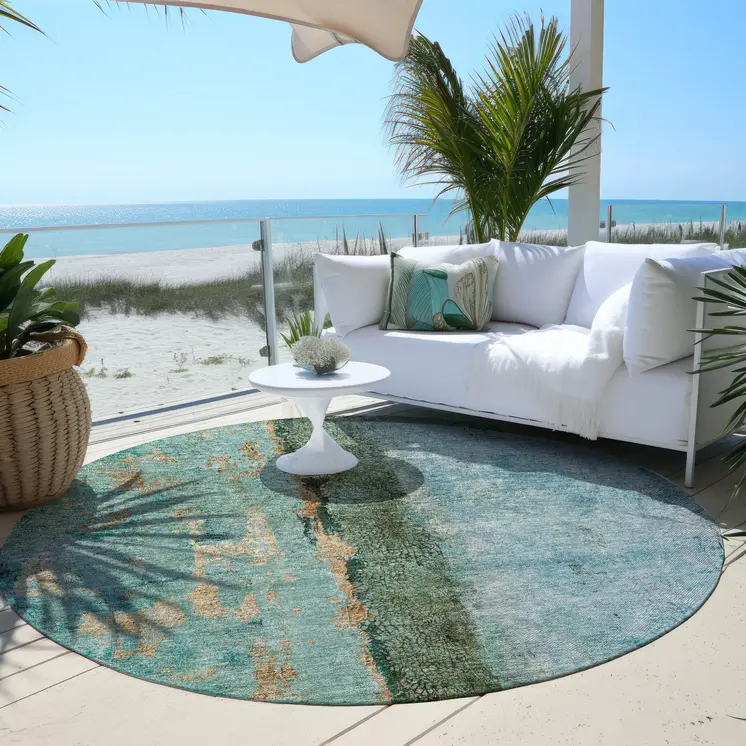 8' Blue And Gold Round Abstract Washable Indoor Outdoor Area Rug