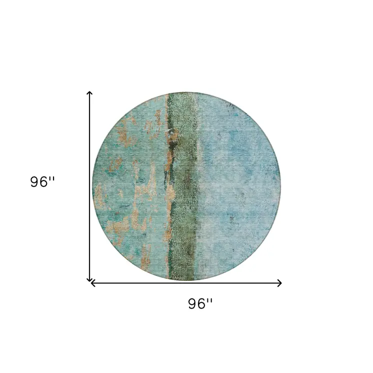 8' Blue And Gold Round Abstract Washable Indoor Outdoor Area Rug