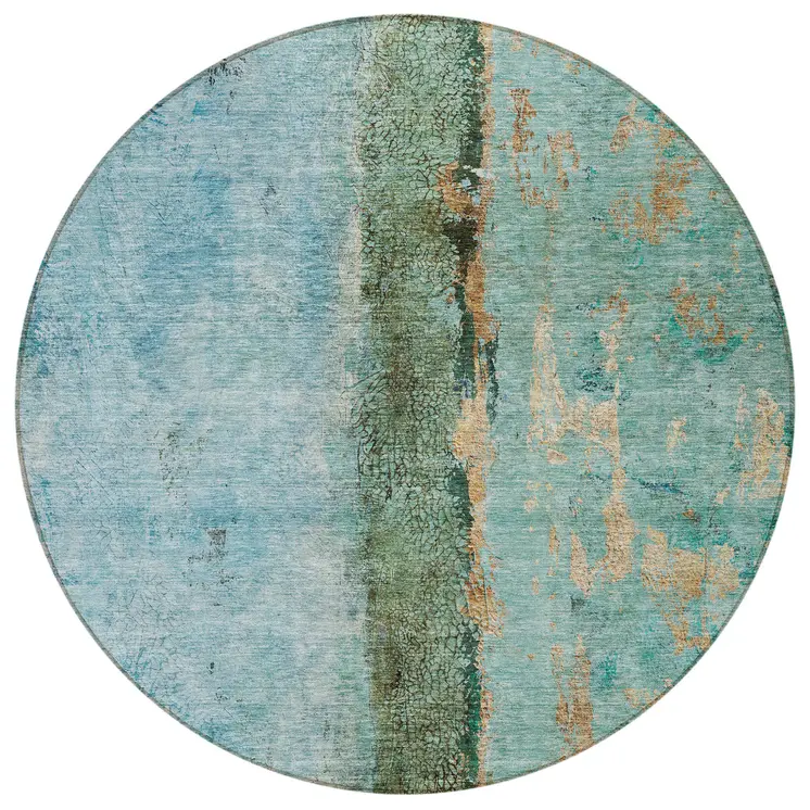 8' Blue And Gold Round Abstract Washable Indoor Outdoor Area Rug