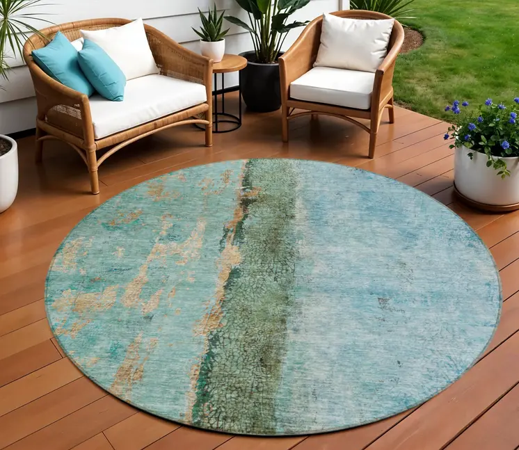 8' Blue And Gold Round Abstract Washable Indoor Outdoor Area Rug