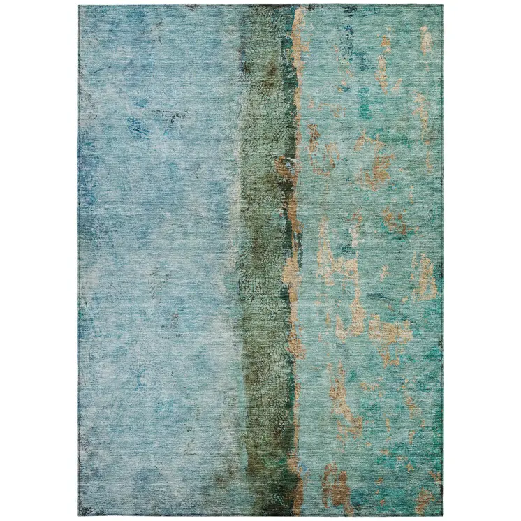 9' X 12' Blue And Gold Abstract Washable Indoor Outdoor Area Rug