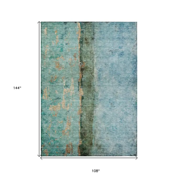 9' X 12' Blue And Gold Abstract Washable Indoor Outdoor Area Rug