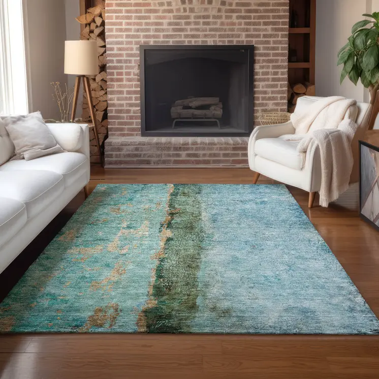 9' X 12' Blue And Gold Abstract Washable Indoor Outdoor Area Rug