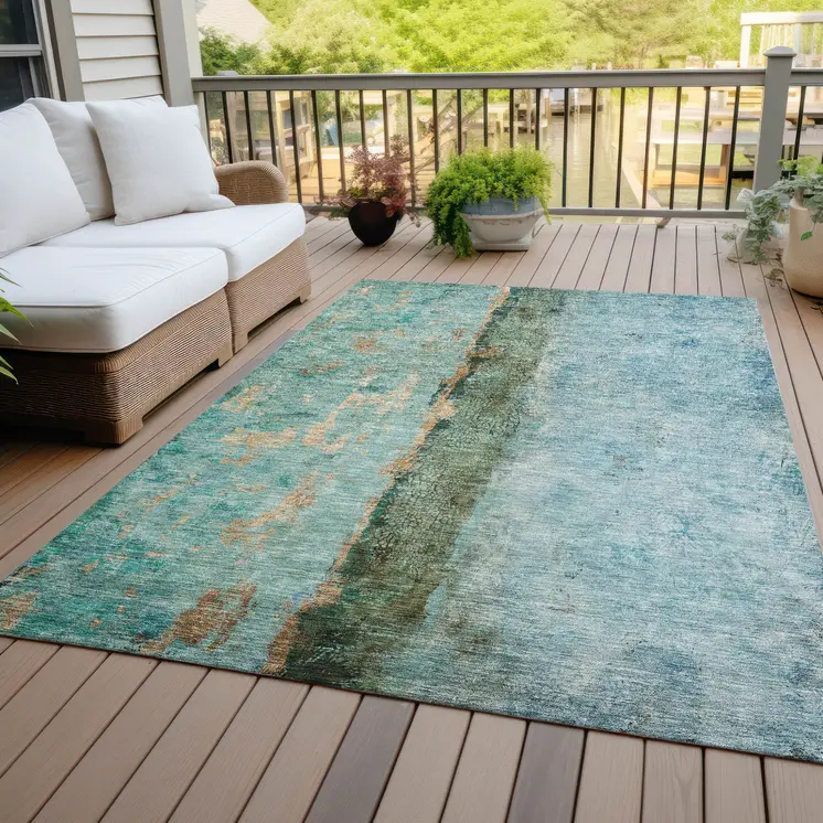 10' X 14' Blue And Gold Abstract Washable Indoor Outdoor Area Rug