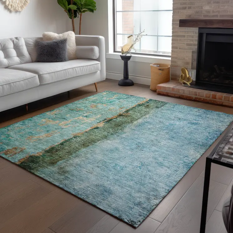 10' X 14' Blue And Gold Abstract Washable Indoor Outdoor Area Rug