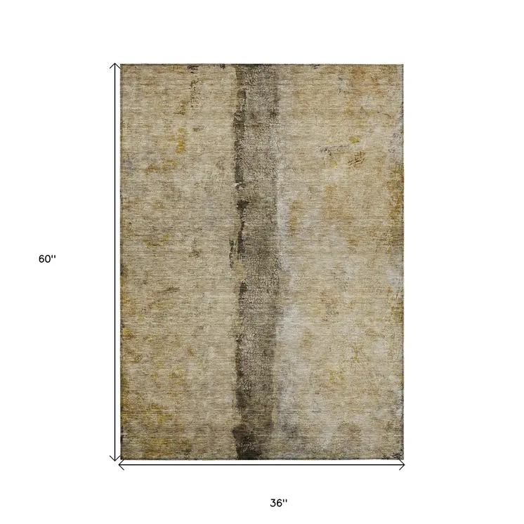 3' X 5' Brown Taupe And Gold Abstract Washable Indoor Outdoor Area Rug