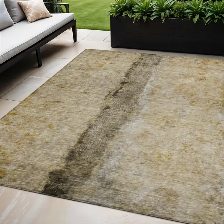 5' X 8' Brown Taupe And Gold Abstract Washable Indoor Outdoor Area Rug