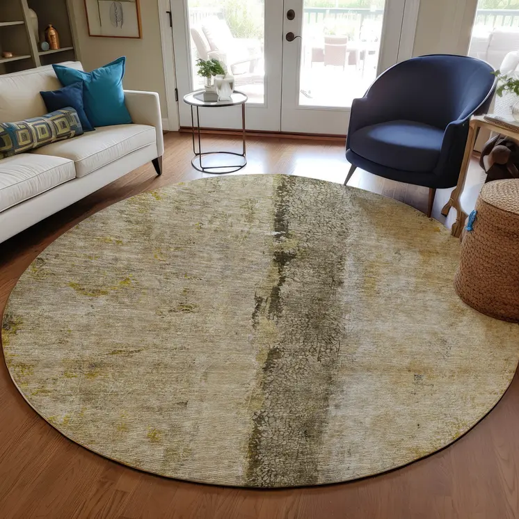 8' Brown Taupe And Gold Round Abstract Washable Indoor Outdoor Area Rug