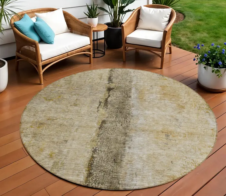 8' Brown Taupe And Gold Round Abstract Washable Indoor Outdoor Area Rug