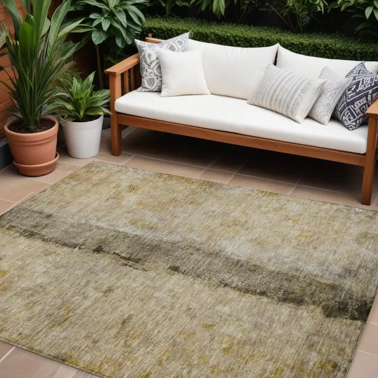 9' X 12' Brown Taupe And Gold Abstract Washable Indoor Outdoor Area Rug