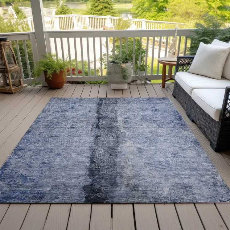 3' X 5' Denim Blue And Navy Blue Abstract Washable Indoor Outdoor Area Rug