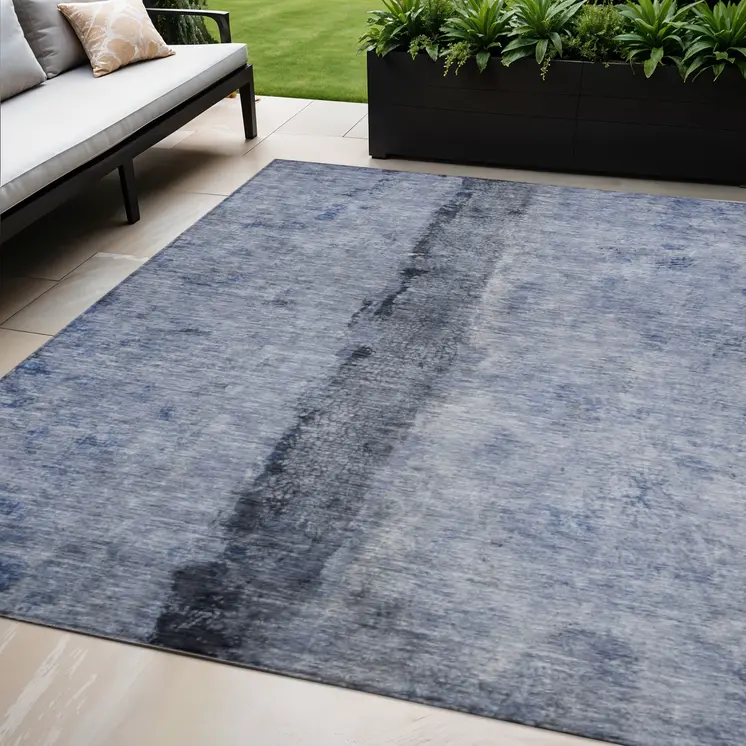 5' X 8' Denim Blue And Navy Blue Abstract Washable Indoor Outdoor Area Rug