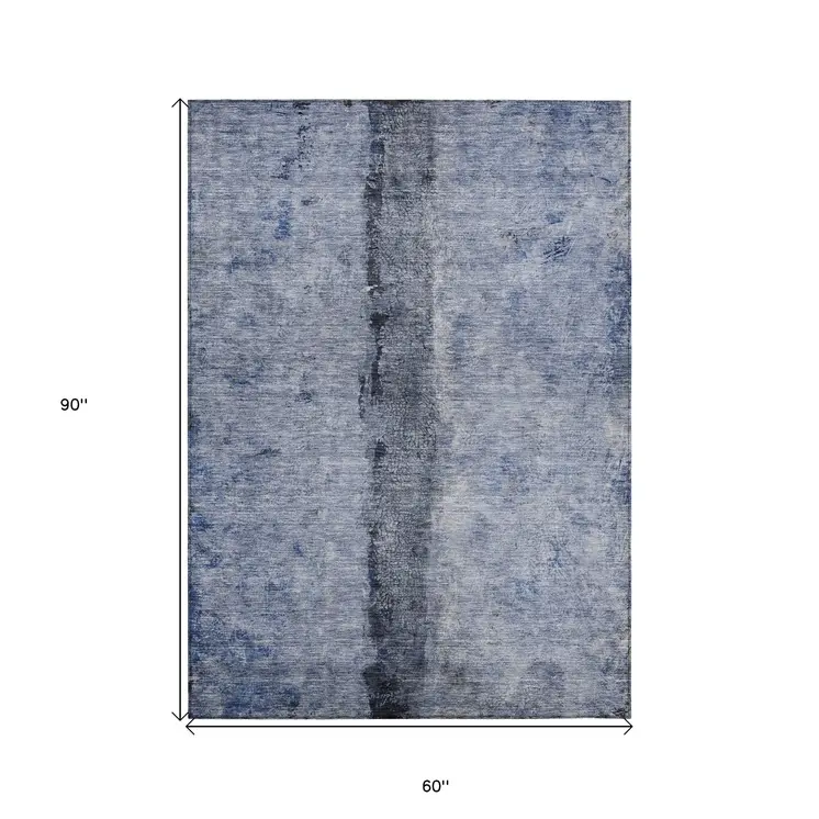 5' X 8' Denim Blue And Navy Blue Abstract Washable Indoor Outdoor Area Rug