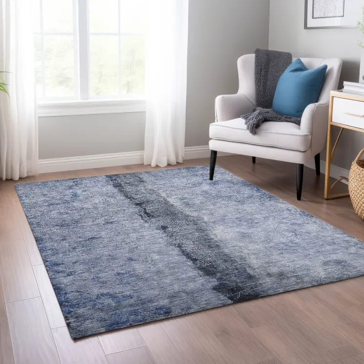 5' X 8' Denim Blue And Navy Blue Abstract Washable Indoor Outdoor Area Rug