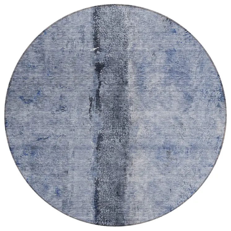 8' Denim Blue And Navy Blue Round Abstract Washable Indoor Outdoor Area Rug
