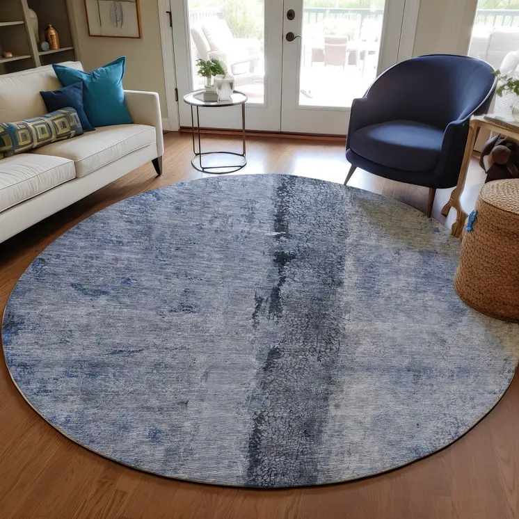 8' Denim Blue And Navy Blue Round Abstract Washable Indoor Outdoor Area Rug