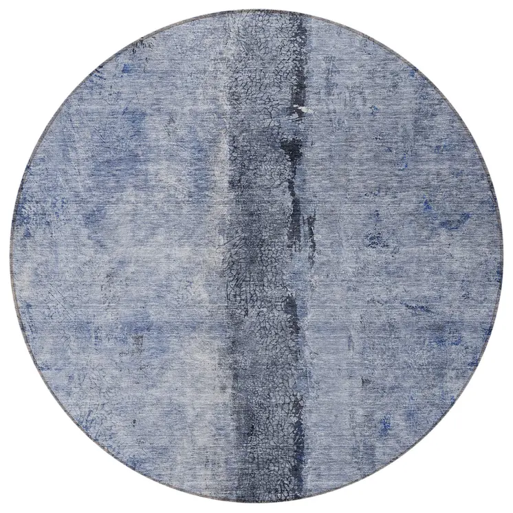8' Denim Blue And Navy Blue Round Abstract Washable Indoor Outdoor Area Rug
