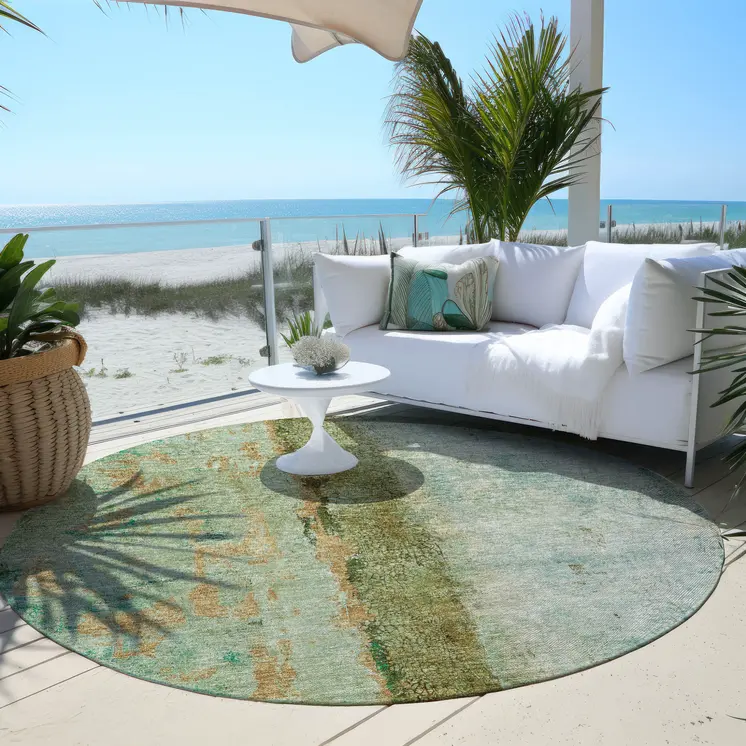 8' Olive Green And Blue Round Abstract Washable Indoor Outdoor Area Rug