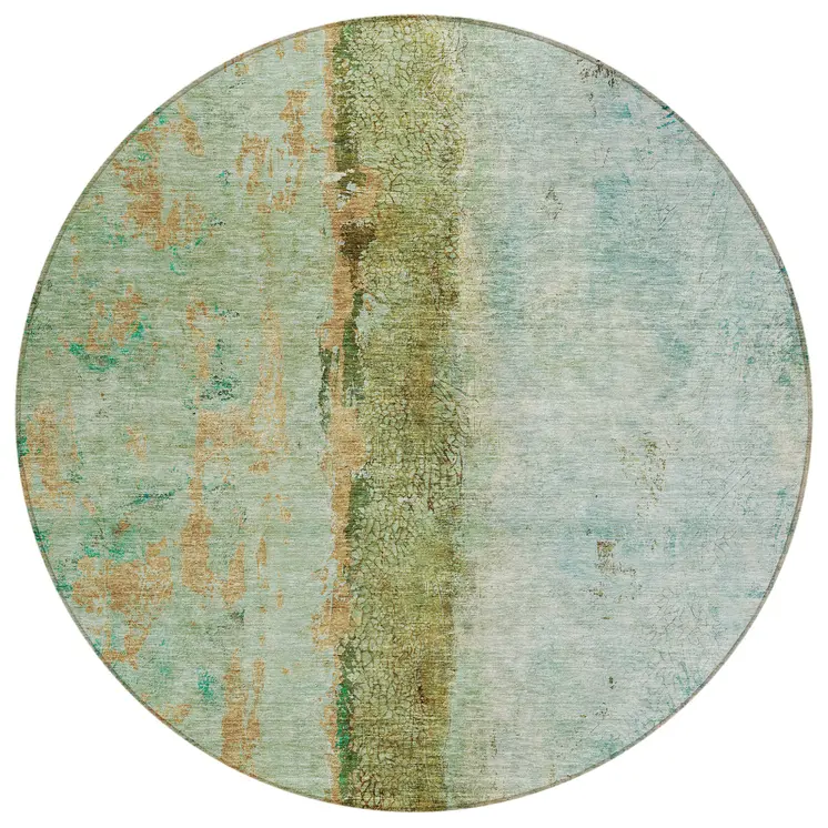 8' Olive Green And Blue Round Abstract Washable Indoor Outdoor Area Rug
