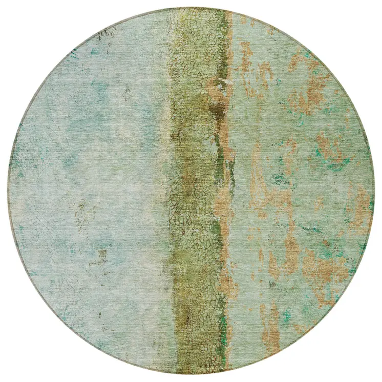 8' Olive Green And Blue Round Abstract Washable Indoor Outdoor Area Rug