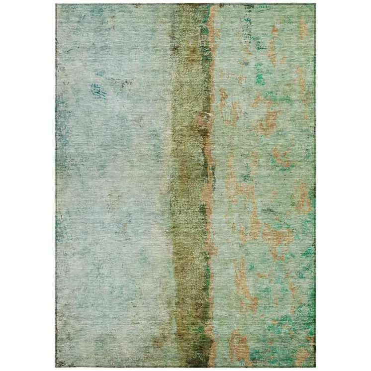 9' X 12' Olive Green And Blue Abstract Washable Indoor Outdoor Area Rug