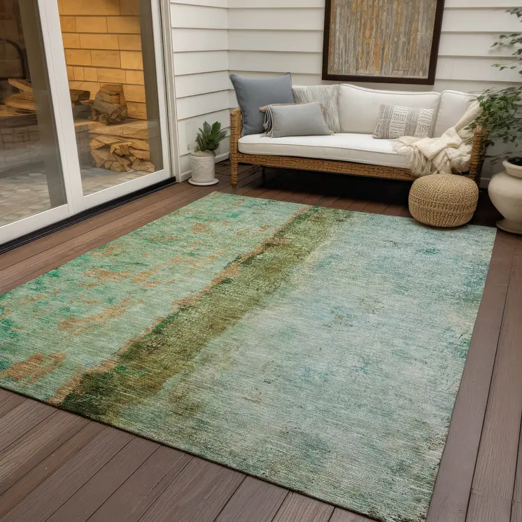 9' X 12' Olive Green And Blue Abstract Washable Indoor Outdoor Area Rug