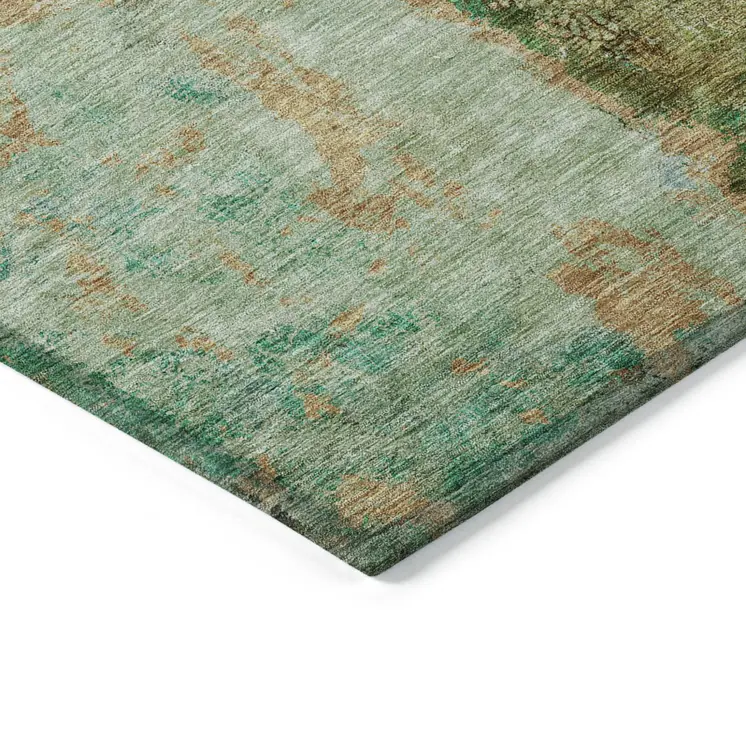 9' X 12' Olive Green And Blue Abstract Washable Indoor Outdoor Area Rug