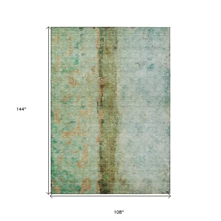 9' X 12' Olive Green And Blue Abstract Washable Indoor Outdoor Area Rug