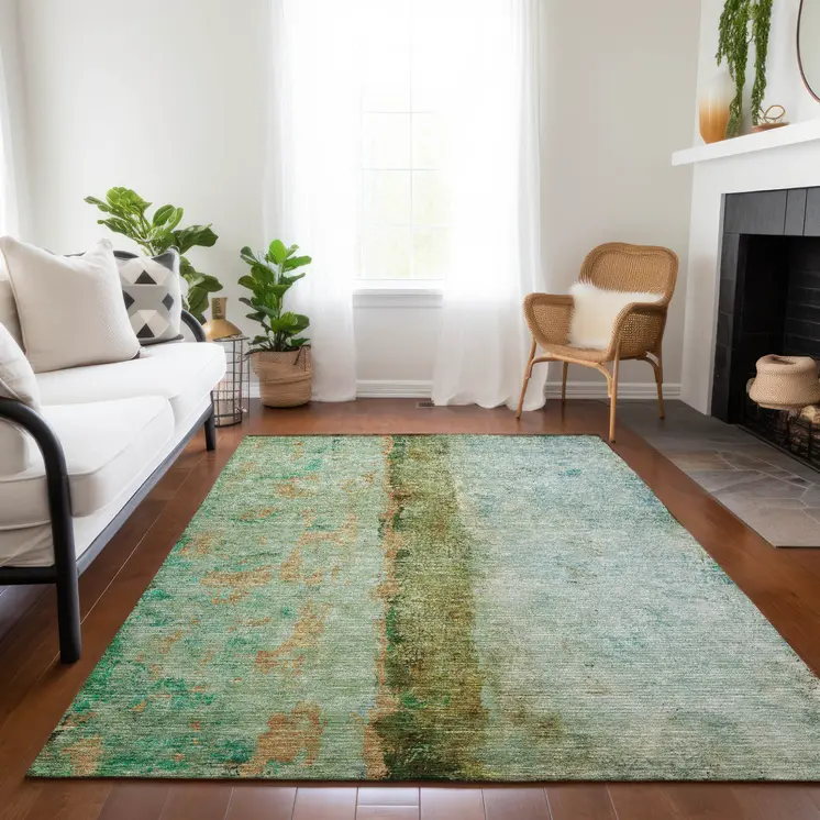 9' X 12' Olive Green And Blue Abstract Washable Indoor Outdoor Area Rug