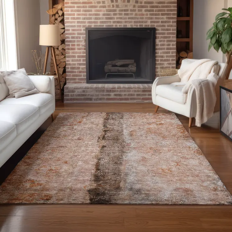 5' X 8' Orange Peach And Brown Abstract Washable Indoor Outdoor Area Rug