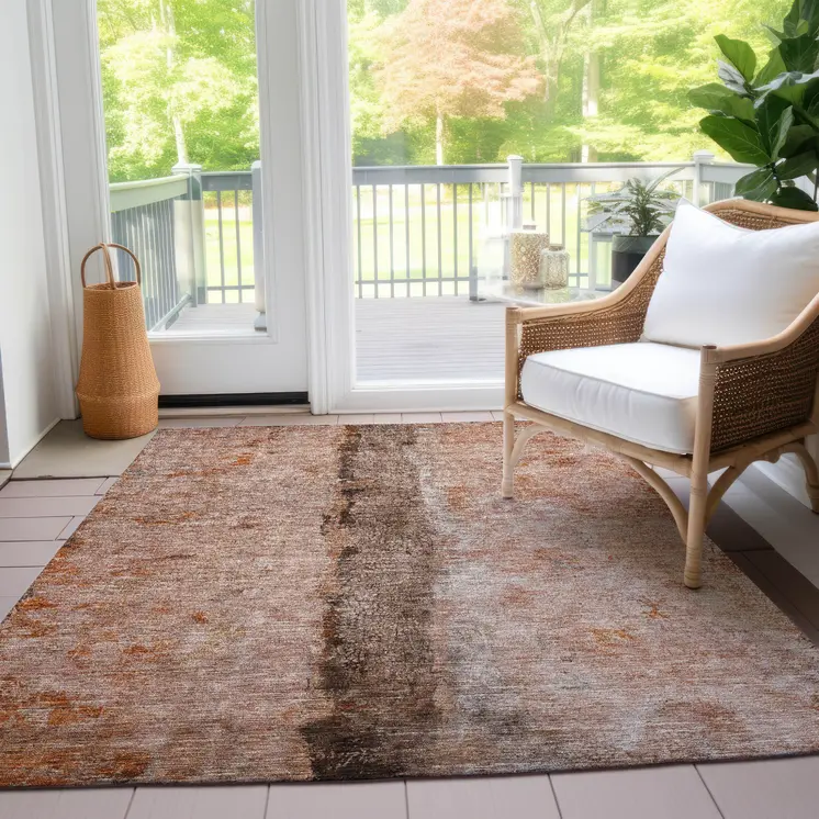5' X 8' Orange Peach And Brown Abstract Washable Indoor Outdoor Area Rug