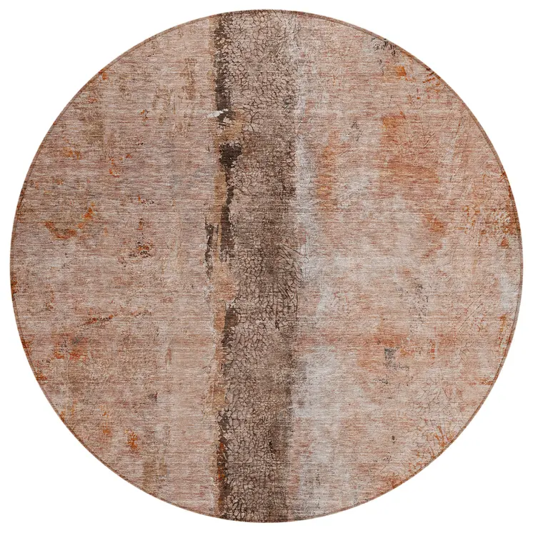8' Orange Peach And Brown Round Abstract Washable Indoor Outdoor Area Rug