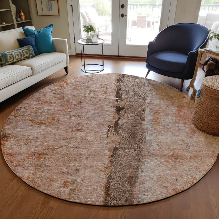 8' Orange Peach And Brown Round Abstract Washable Indoor Outdoor Area Rug