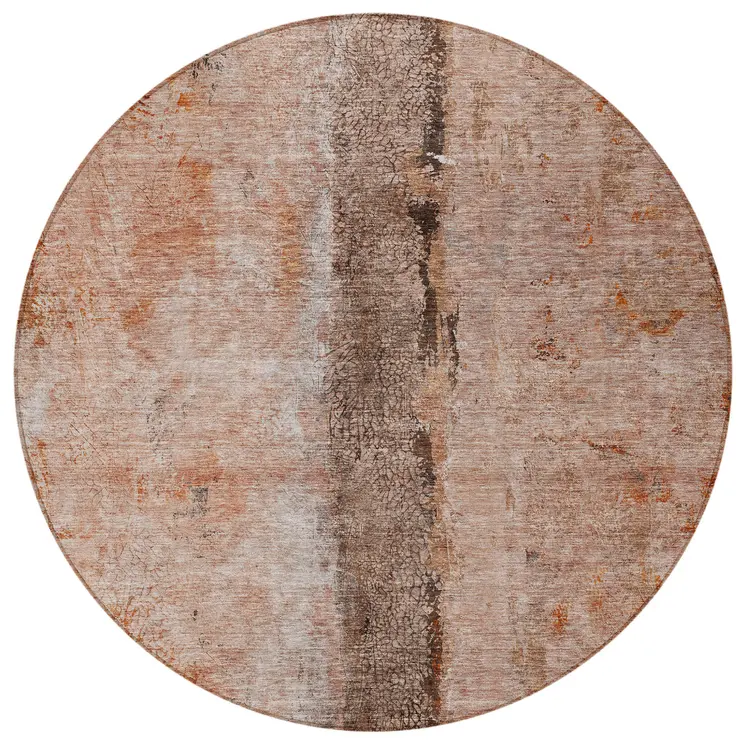 8' Orange Peach And Brown Round Abstract Washable Indoor Outdoor Area Rug