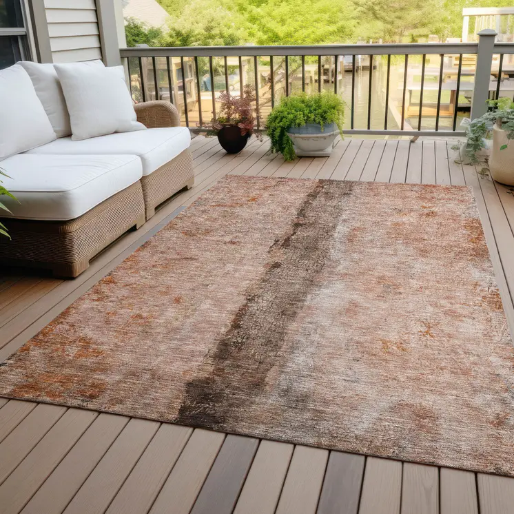 9' X 12' Orange Peach And Brown Abstract Washable Indoor Outdoor Area Rug