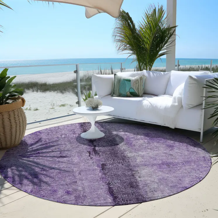 8' Purple And Lavender Round Abstract Washable Indoor Outdoor Area Rug