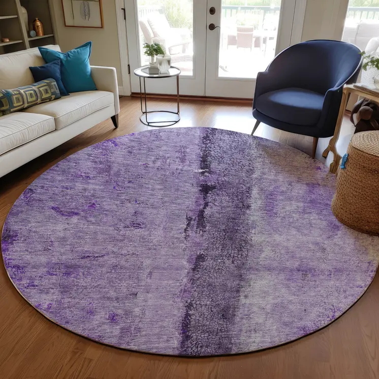 8' Purple And Lavender Round Abstract Washable Indoor Outdoor Area Rug