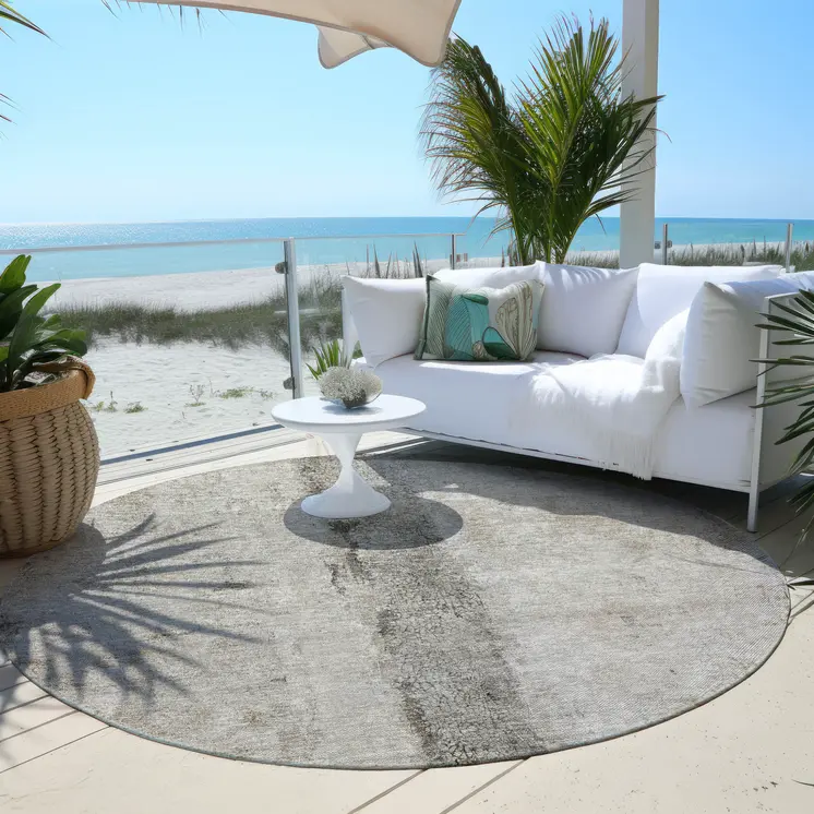 8' Taupe Beige And Gray Round Abstract Washable Indoor Outdoor Area Rug