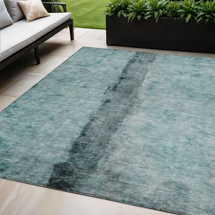 5' X 8' Teal Blue Aqua And Charcoal Abstract Washable Indoor Outdoor Area Rug