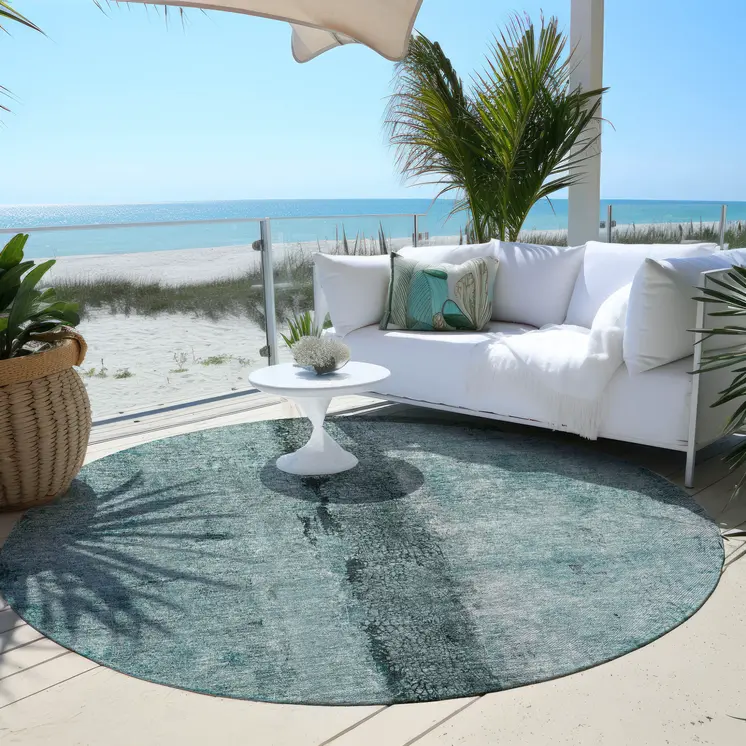 8' Teal Blue Aqua And Charcoal Round Abstract Washable Indoor Outdoor Area Rug